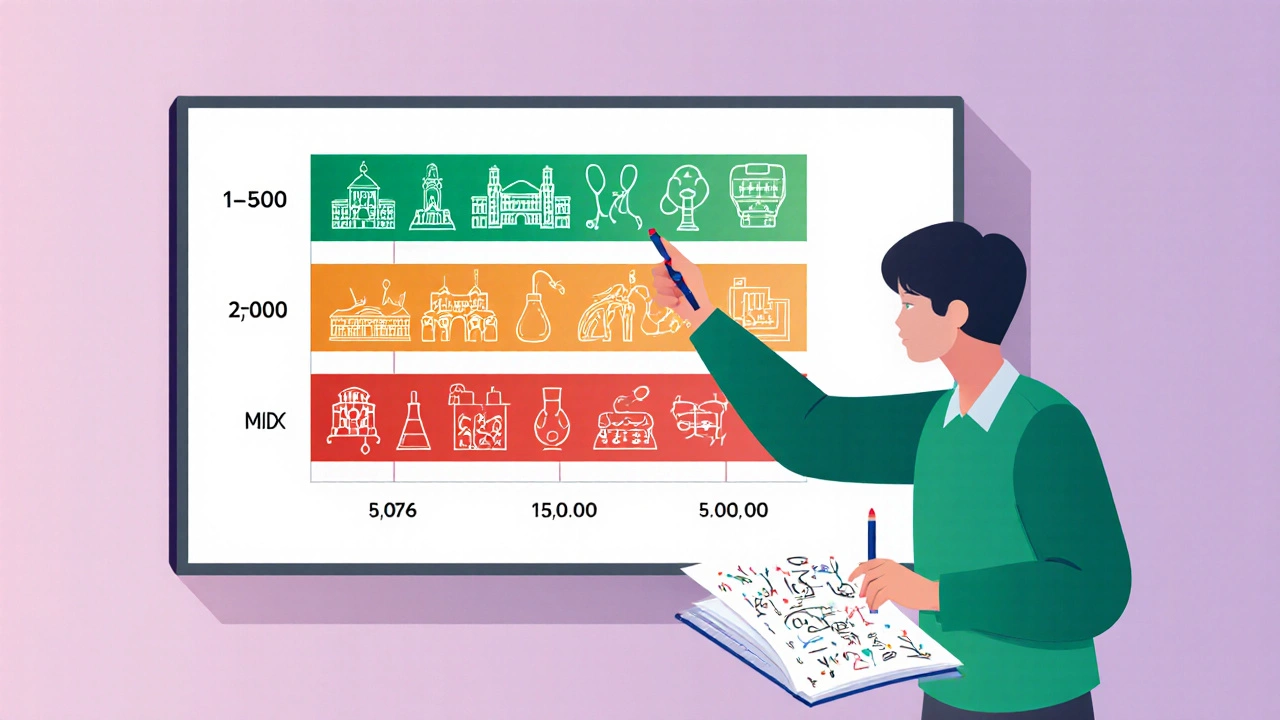 A student examining colored bars representing NEET rank brackets on a screen.