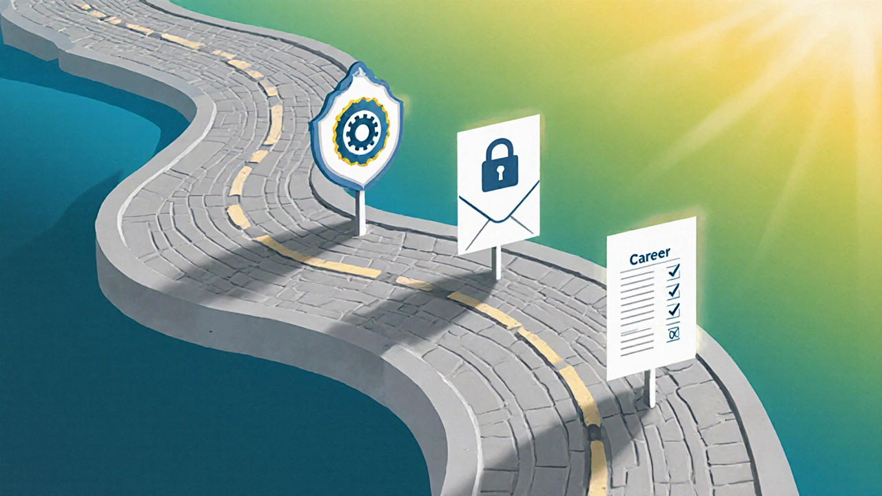 A stylized roadmap with milestones for certification, record sealing, and résumé leading to a career goal.