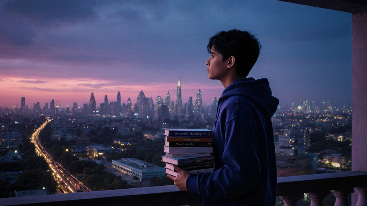 Aspirant on a balcony at dusk looking over a blended skyline of six Indian metros.