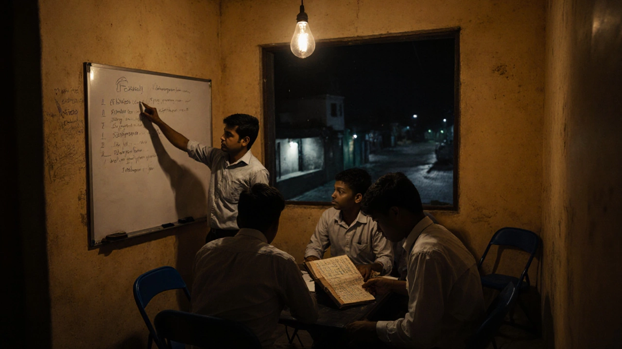 Aspirants studying late at night in a simple room with a whiteboard and handwritten notes under a single bulb.