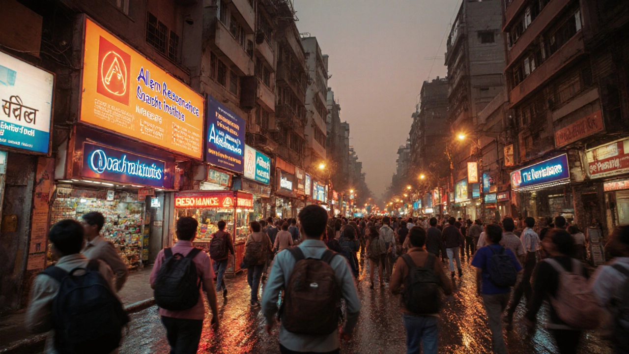Busy Delhi street at night with coaching institute signs and students walking.