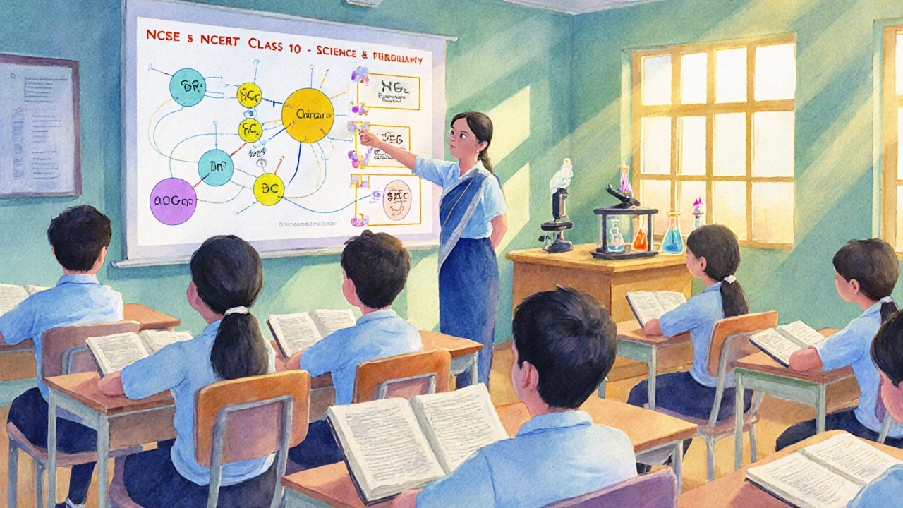 Classroom scene with students using NCERT textbooks and a science lab experiment.