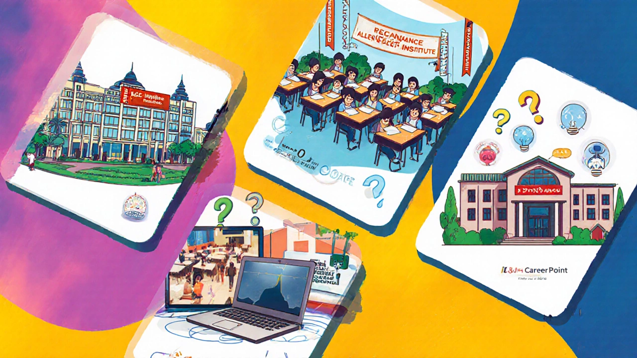 Collage of five top NEET coaching institutes shown as distinct campus scenes.