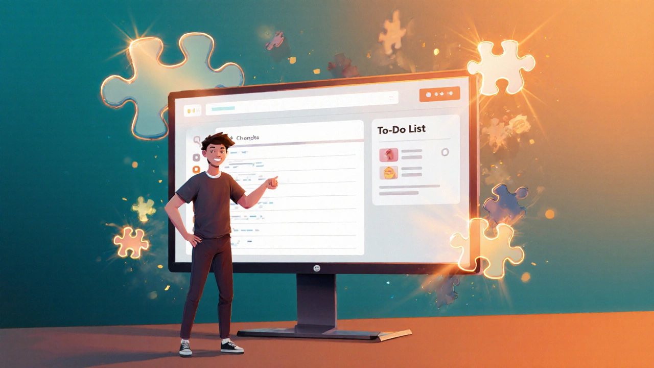 Confident coder displaying a simple to‑do app on a laptop amidst bright puzzle pieces.