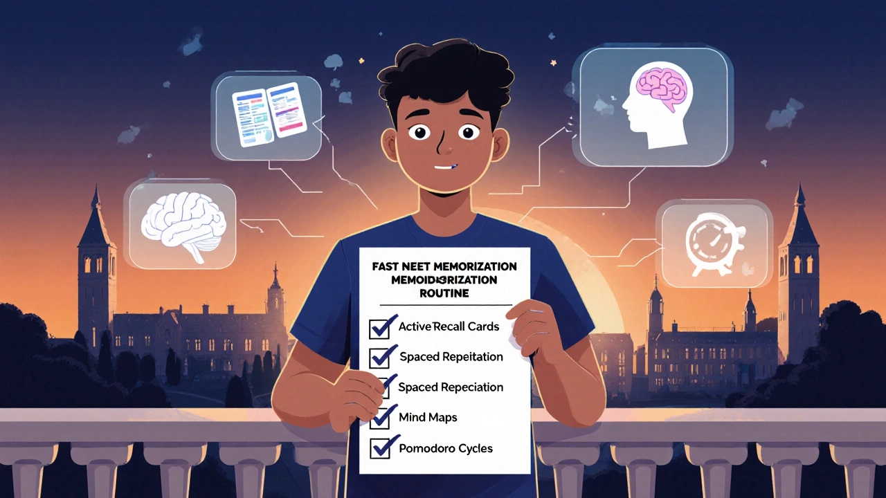Confident student holding a checklist at sunrise with floating study icons in the background.