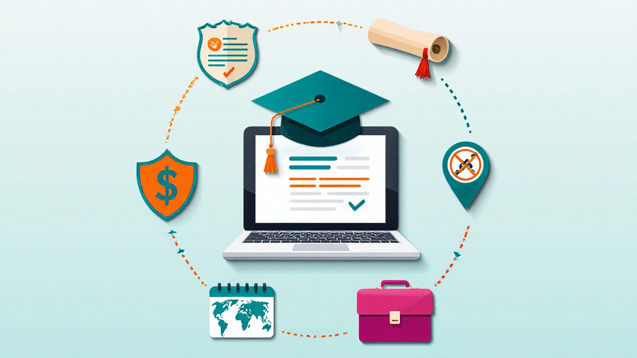 Flat illustration collage of icons representing easy‑admission MBA programs.