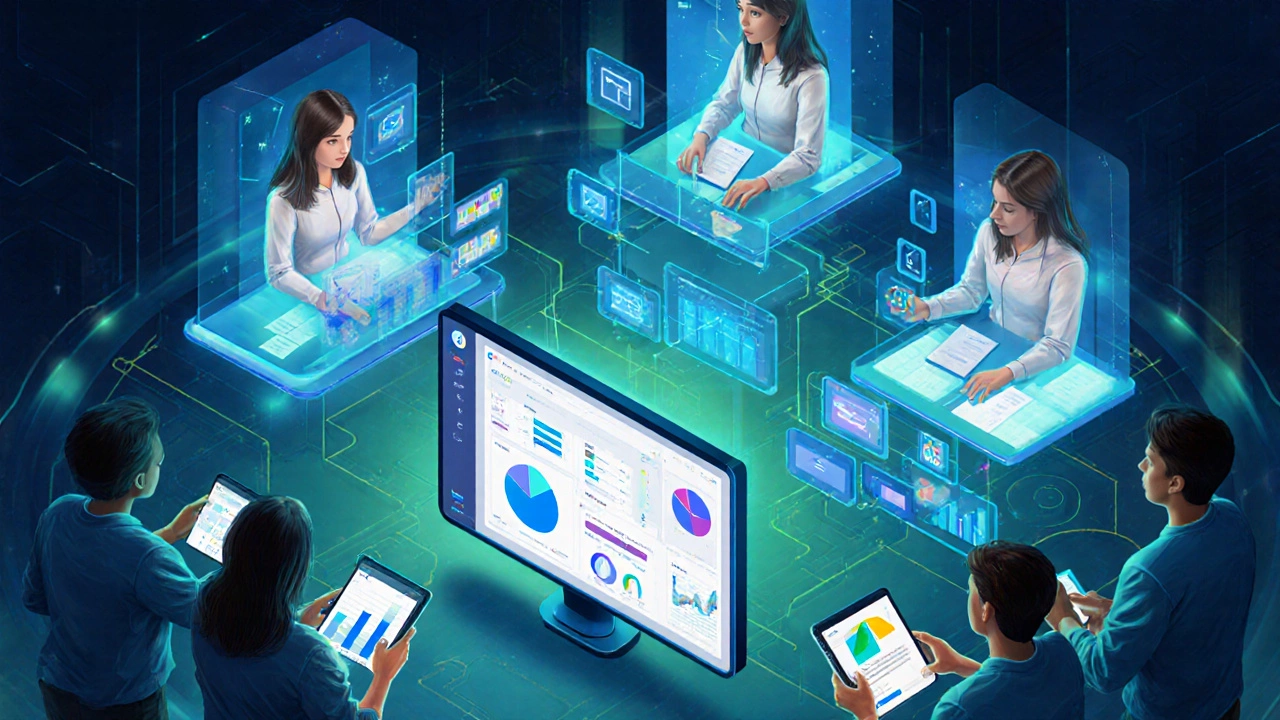 Futuristic classroom with AI holograms generating quizzes and analytics dashboards.