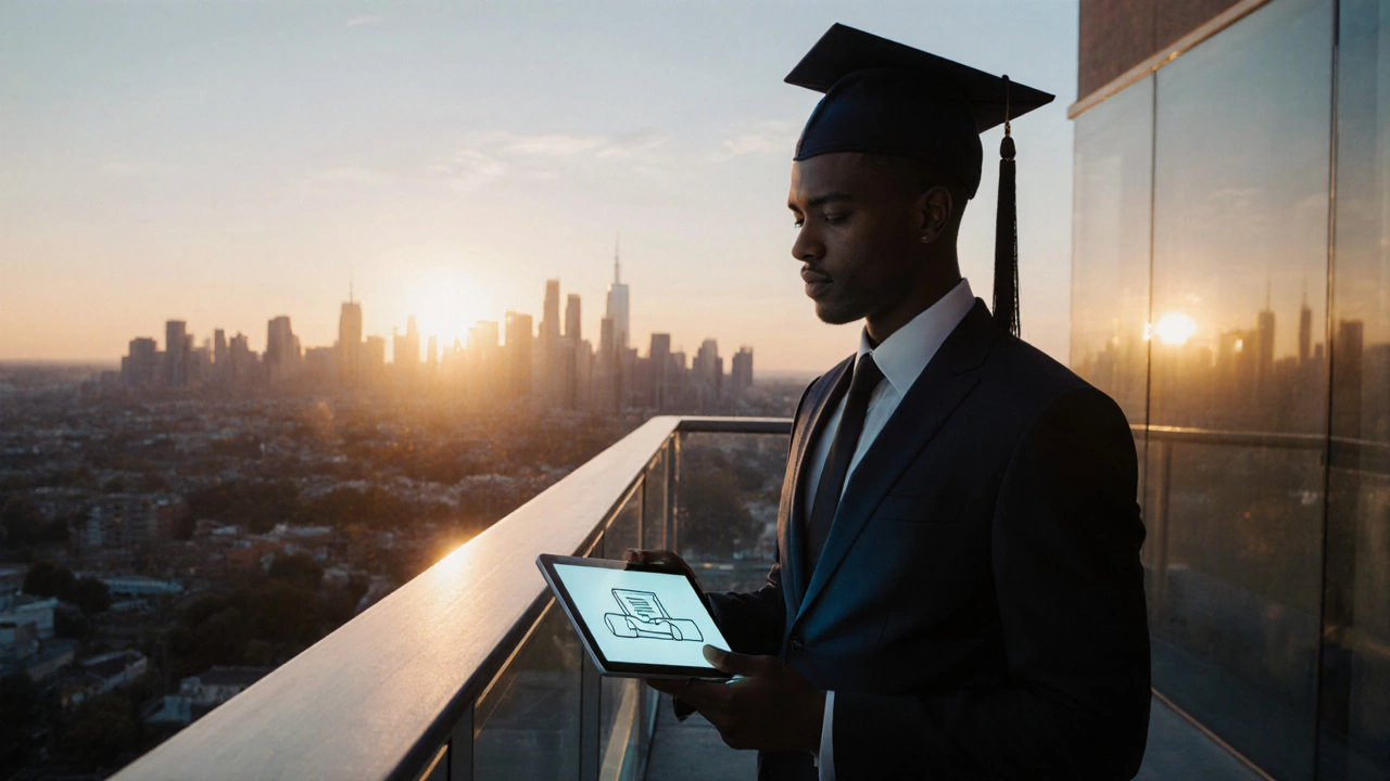 Graduate holding a tablet with a digital diploma on a sunset balcony.