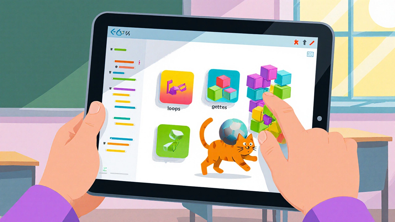 Hands dragging colorful block icons on a tablet to build a simple animation.