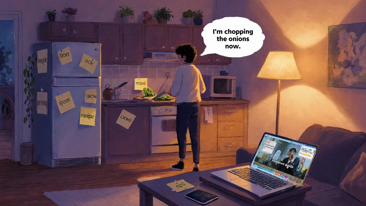 Home kitchen with English sticky notes, spoken thought bubble, and media devices.