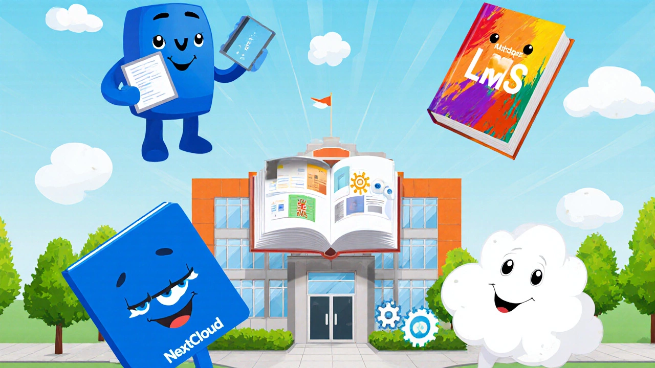 Illustrated mascots for Microsoft 365, Canvas, Moodle, and Nextcloud around a school building.