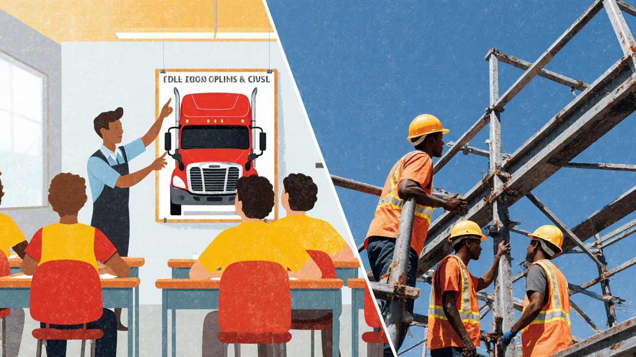 Illustrated split view showing a CDL classroom on the left and a construction site on the right with diverse workers.