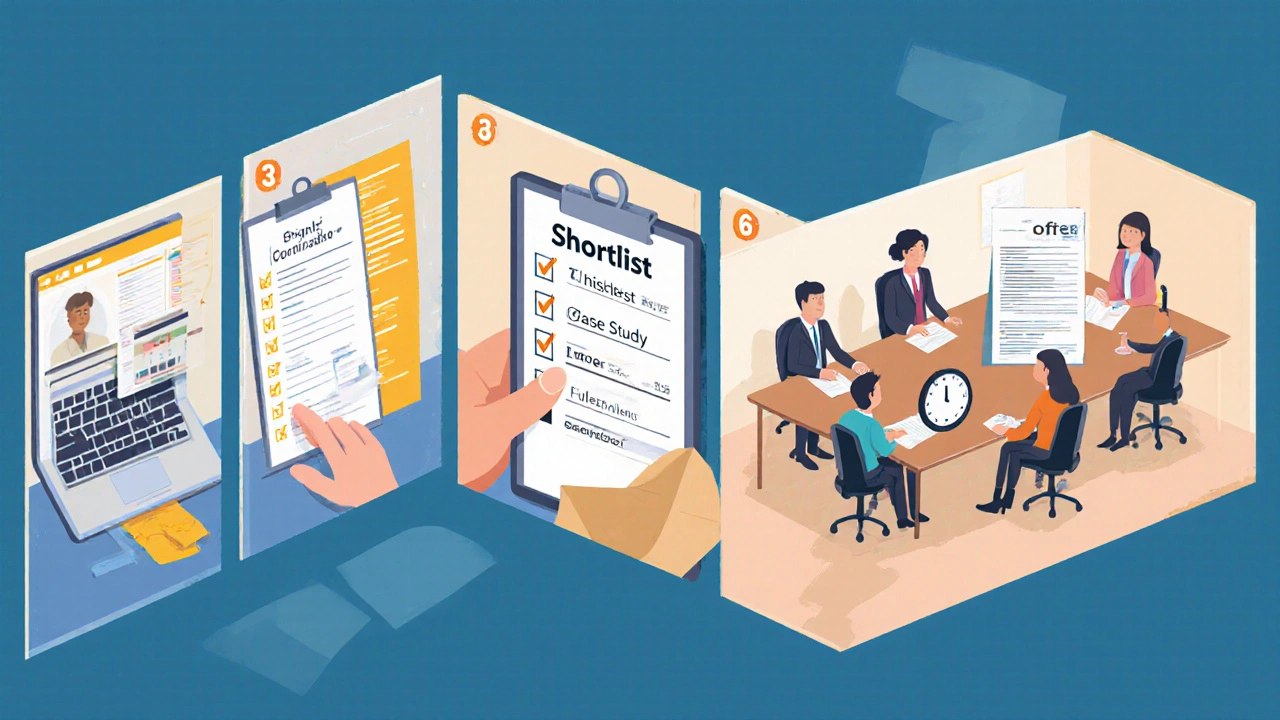 Illustration of a candidate progressing through job posting, shortlisting, testing, interview, and offer.