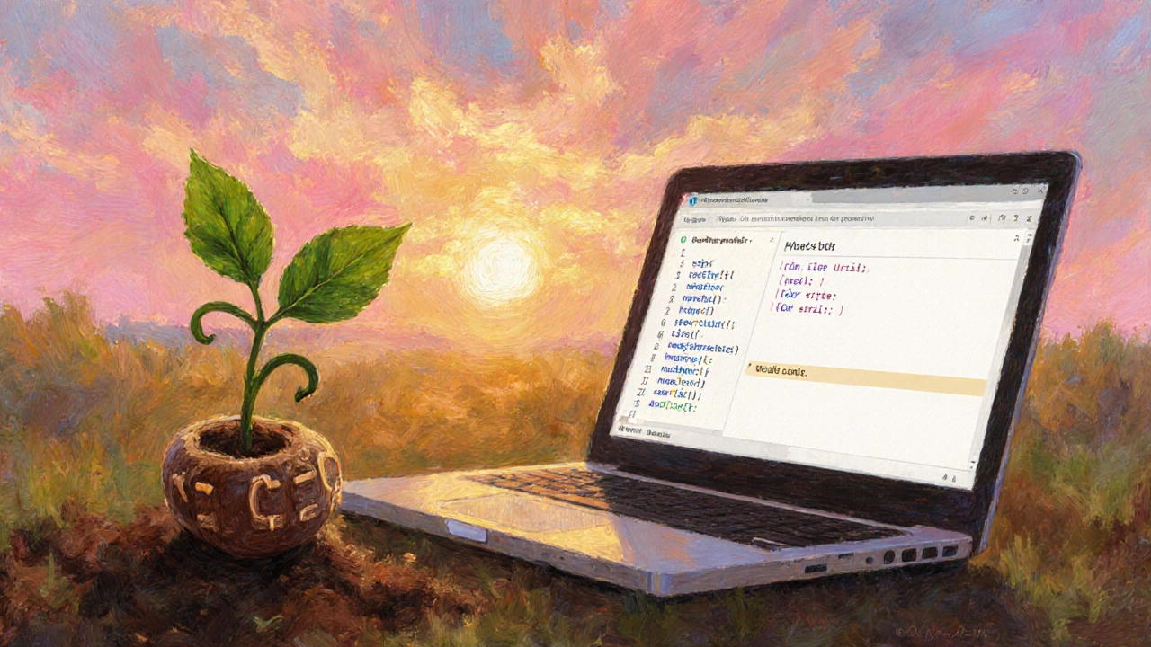 Impressionistic scene of a code‑shaped seed growing into a plant beside a laptop.