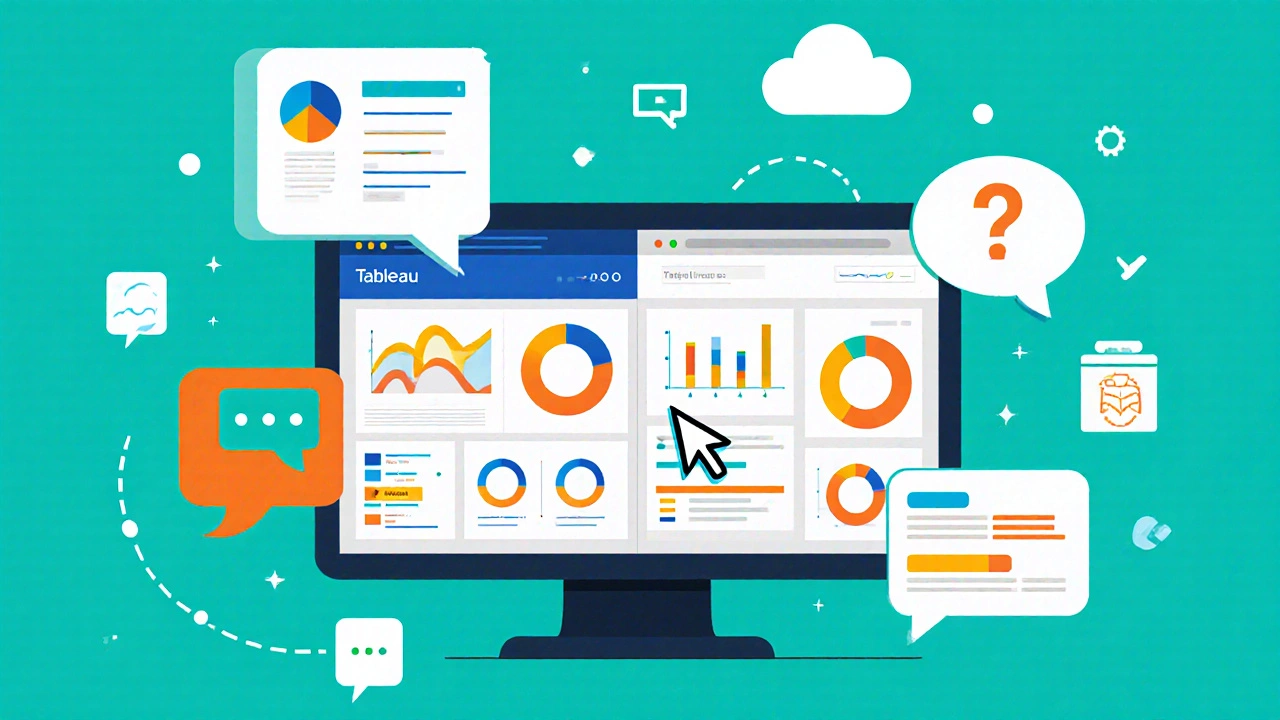 Interactive lab view with Tableau and Power BI dashboards and discussion icons.