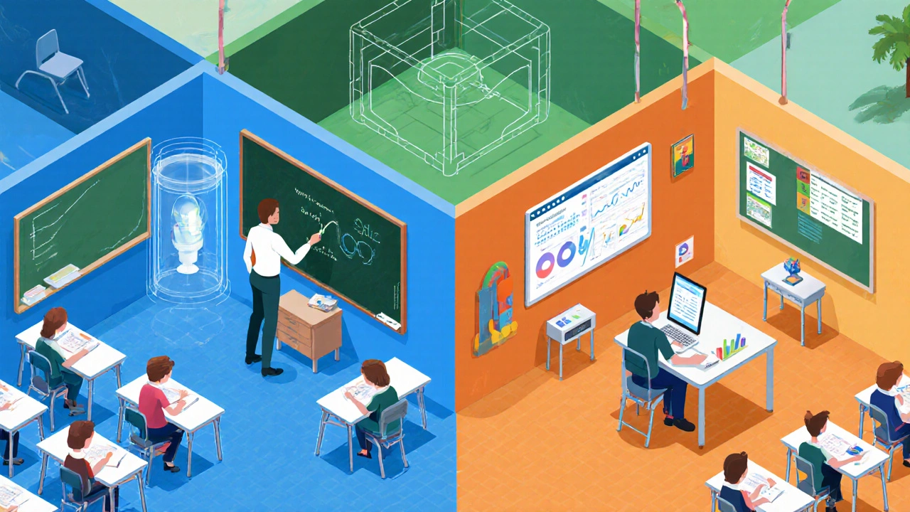Isometric view of offline, online, and hybrid NEET coaching zones in a campus.