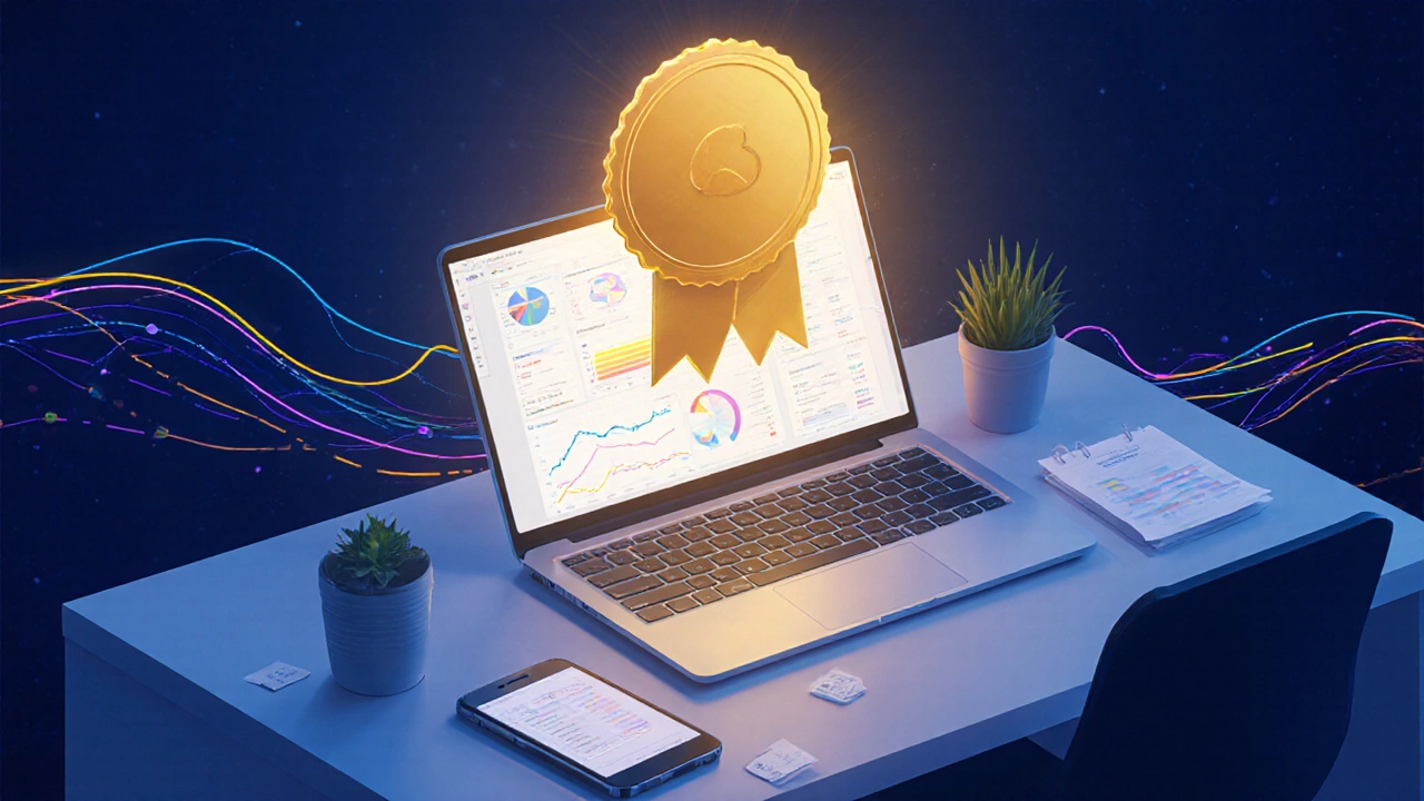 Learner receiving a glowing digital badge above a completed dashboard.