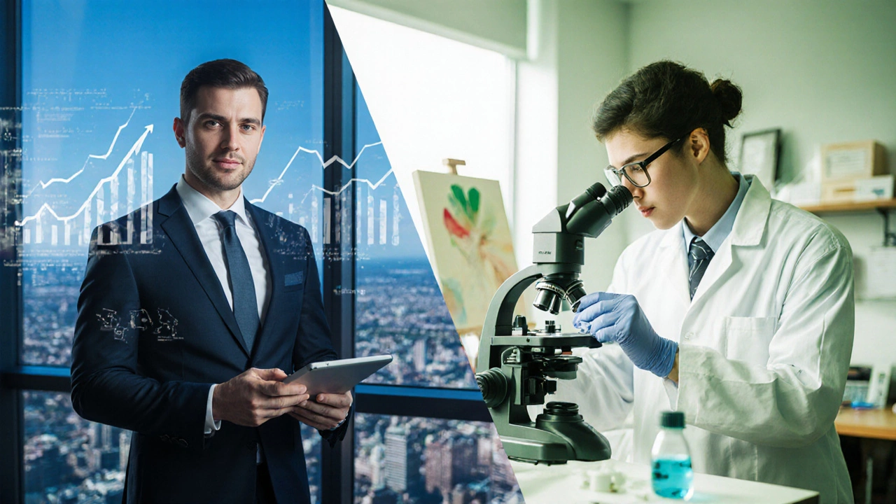 MBA graduate in a corporate office beside a city window contrasted with a Master’s graduate in a lab.