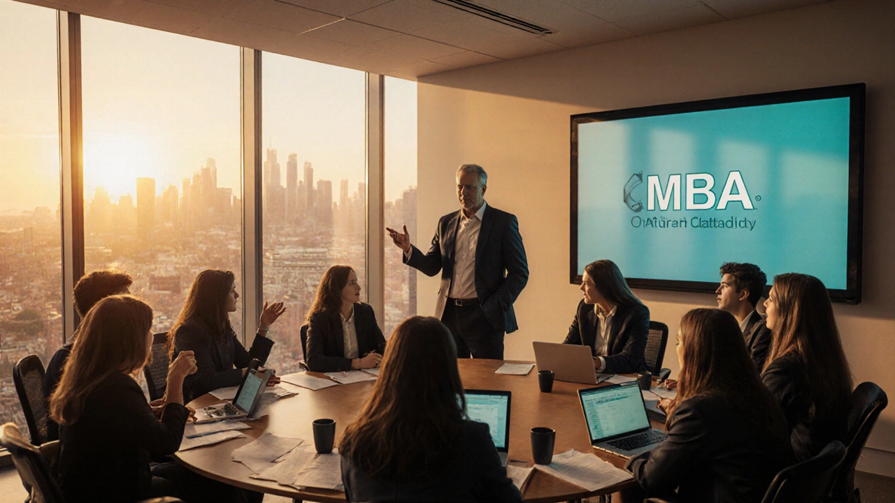 MBA students in a case‑study session with a former CEO professor, city skyline at sunset.