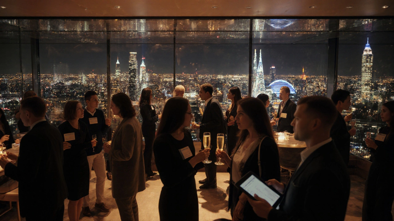Nighttime networking event with diverse professionals against city skylines.