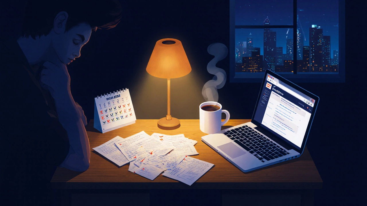 Nighttime study setup with calendar, mock tests, laptop, lamp, and coffee mug.