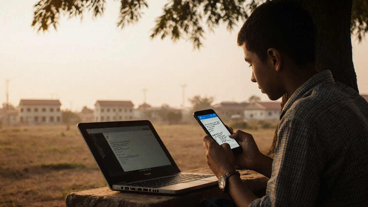 Rural student completing an offline assignment on a phone with a Chromebook nearby.