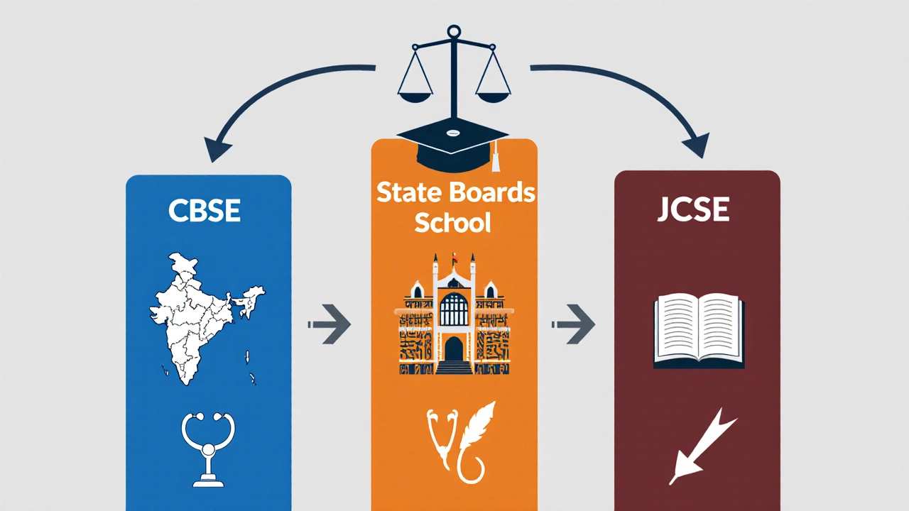 Side‑by‑side icons of CBSE, State Board, and ICSE with arrows pointing to NEET and JEE symbols.