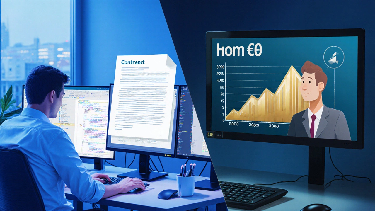 Split‑screen showing a developer with equity chart and a freelance client call.