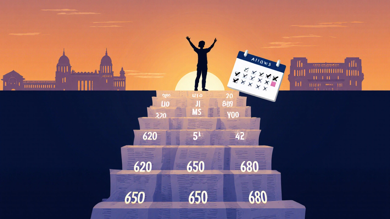 Staircase of mock test pages leading to sunrise and silhouettes of medical colleges.