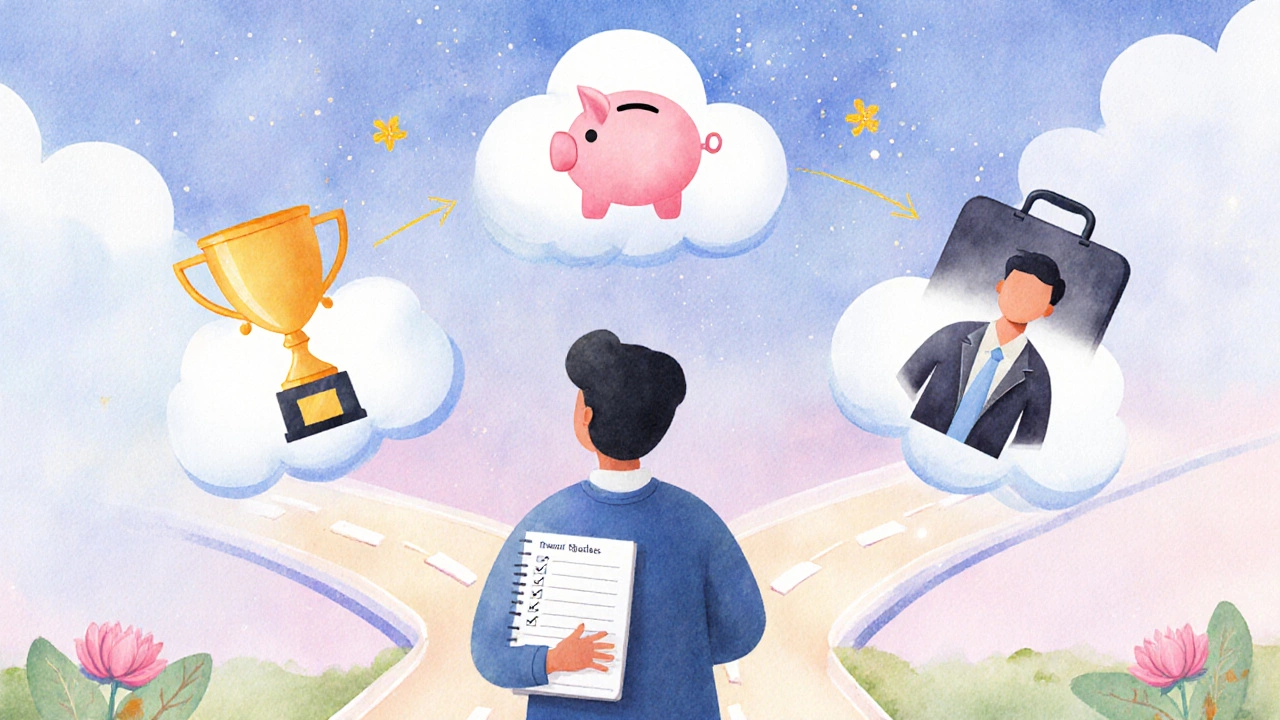 Student at crossroads of icons for high‑achiever, budget, remote, and professional paths.