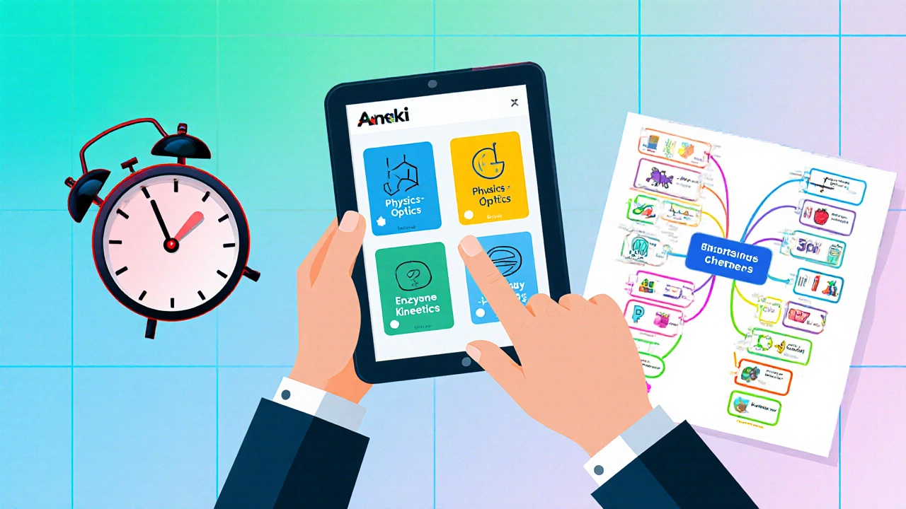Student using Anki app, Pomodoro timer, and a mind map in a modern flat‑design illustration.