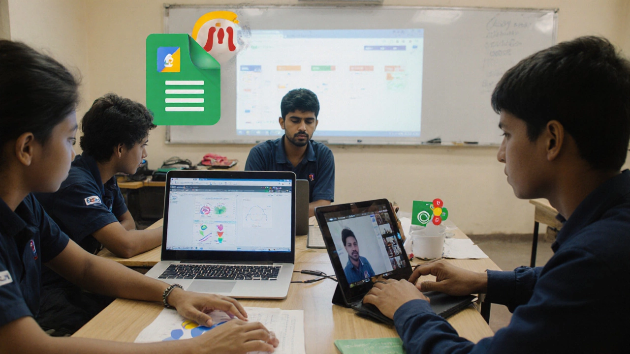 Students collaborating in real time on a shared Google Sheet project in a modern classroom.