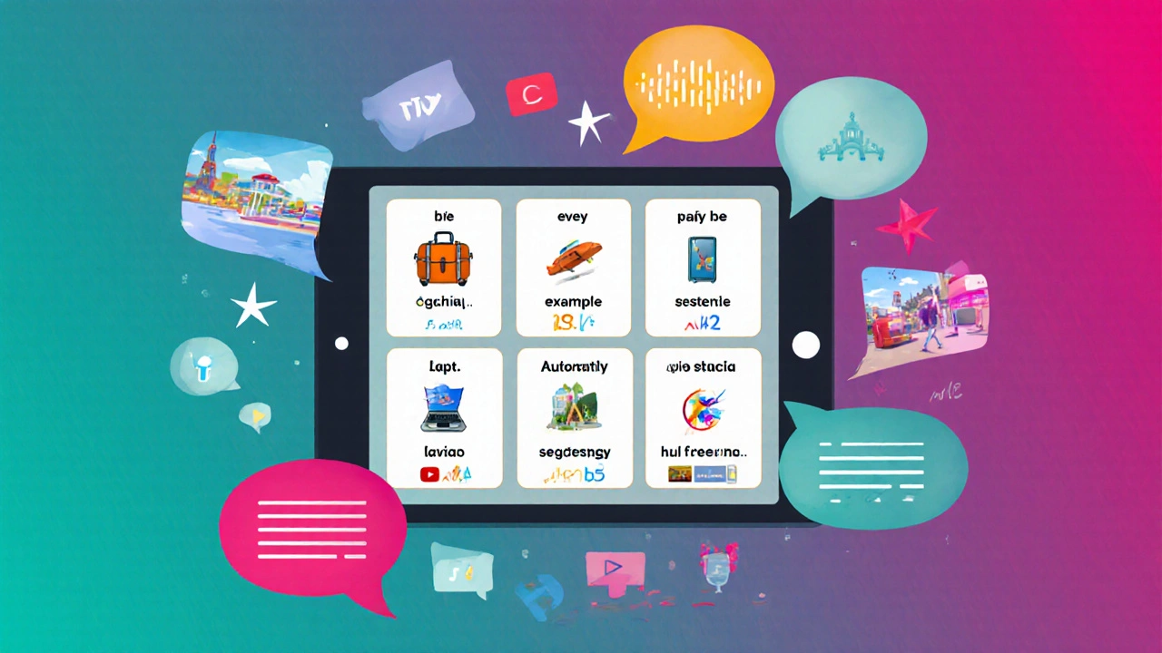 Tablet screen showing flashcards with English words, images, and example sentences.
