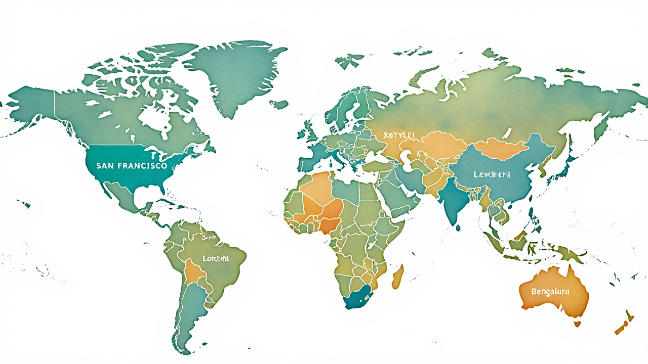World map highlighting tech hubs with salary bubbles for each region.