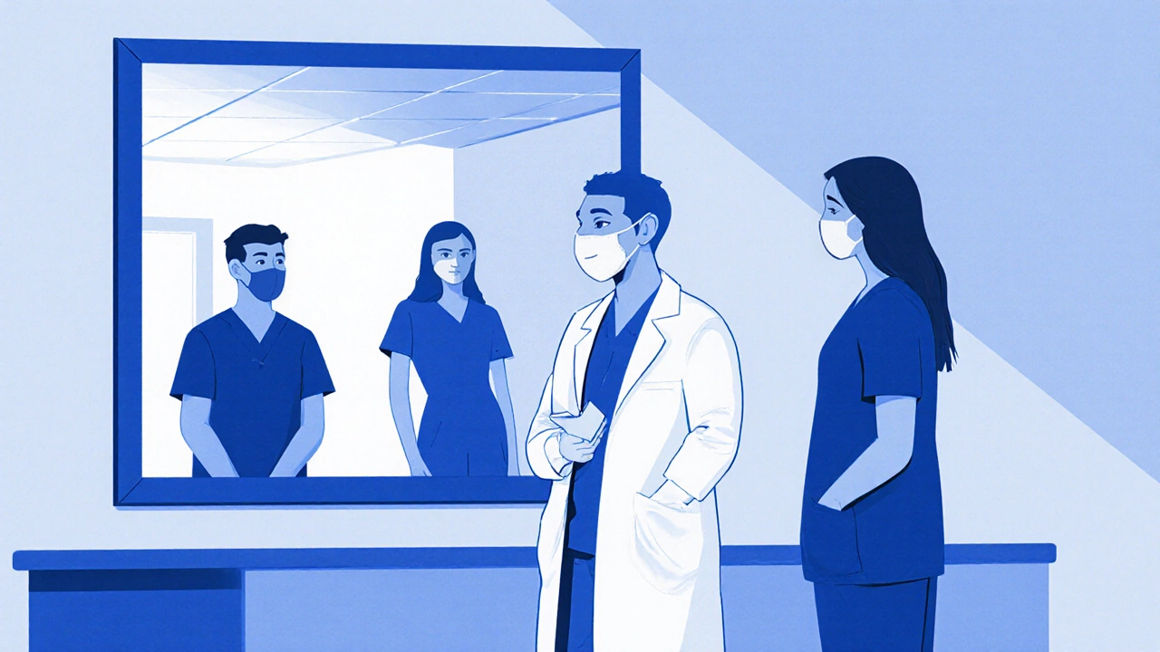 A medical student facing a simulated patient during Massachusetts&#039;s oral clinical exam.