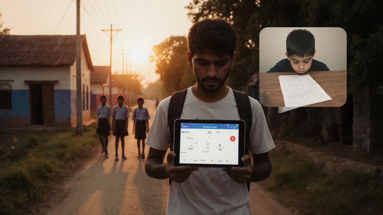 A student walks through a village at sunset, holding a prototype app, with a ghostly image of his past failure behind him.