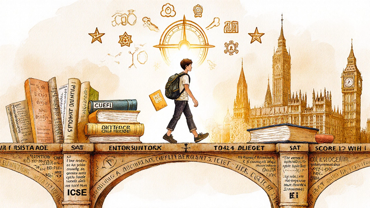 Bridge made of books connecting ICSE to top U.S. universities, student walking across