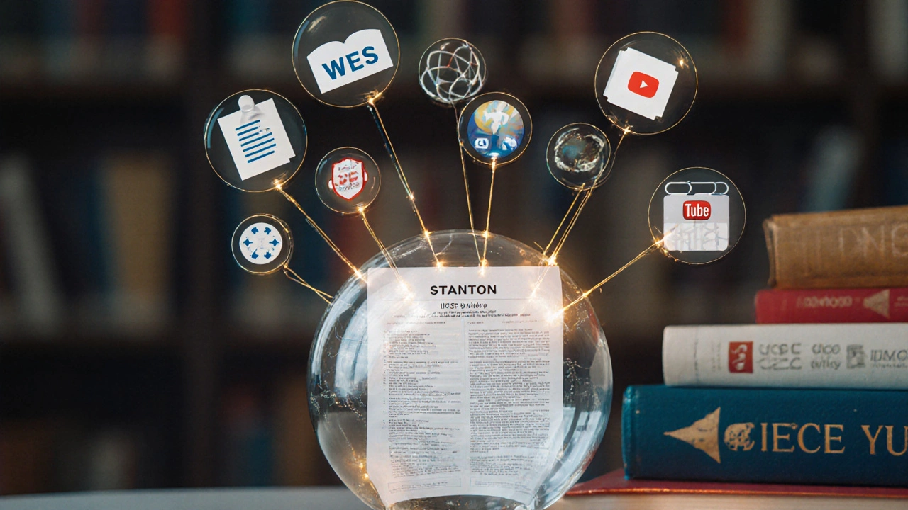 Glass globe with ICSE syllabus sending light rays to U.S. universities with academic icons