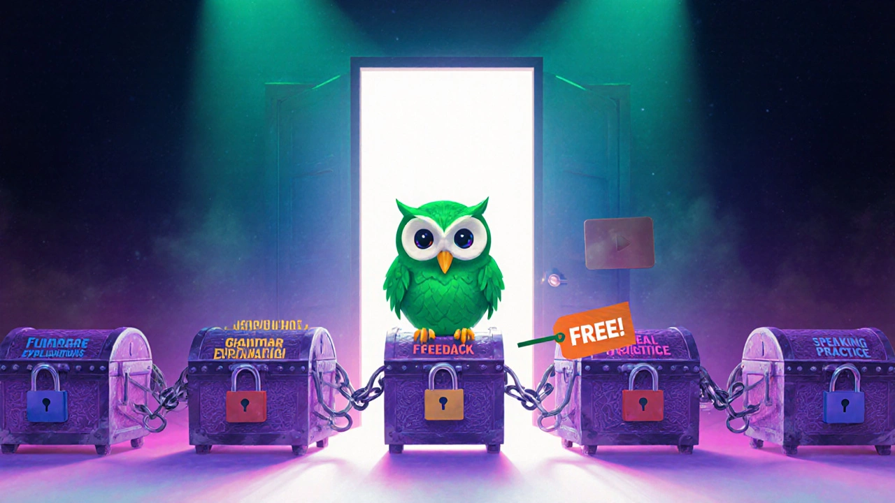Green owl perched on locked treasure chests labeled with missing language skills, door open to natural conversation.