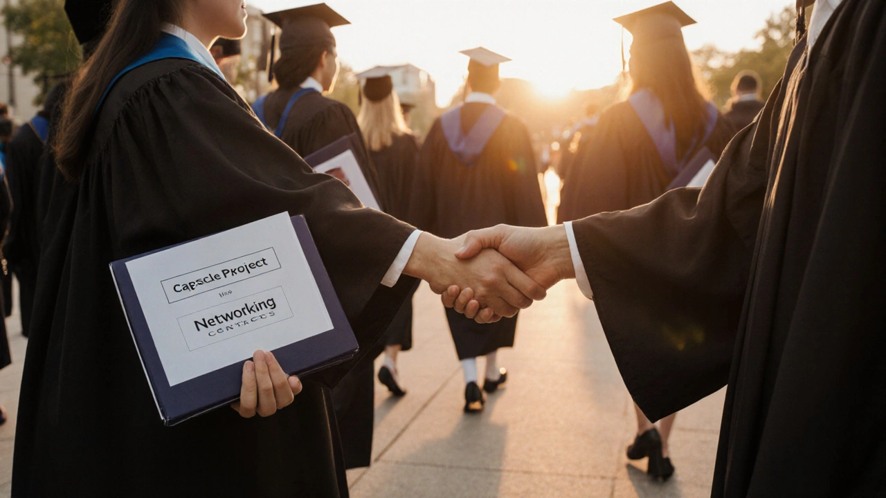 MBA graduates shaking hands at graduation under golden hour light, symbolizing new professional connections.