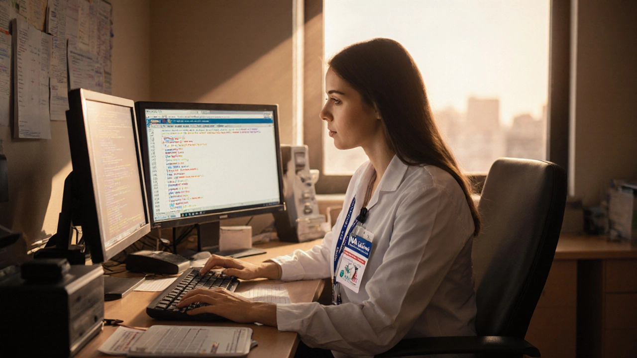 Medical coding specialist working at a desk with monitors showing patient codes.