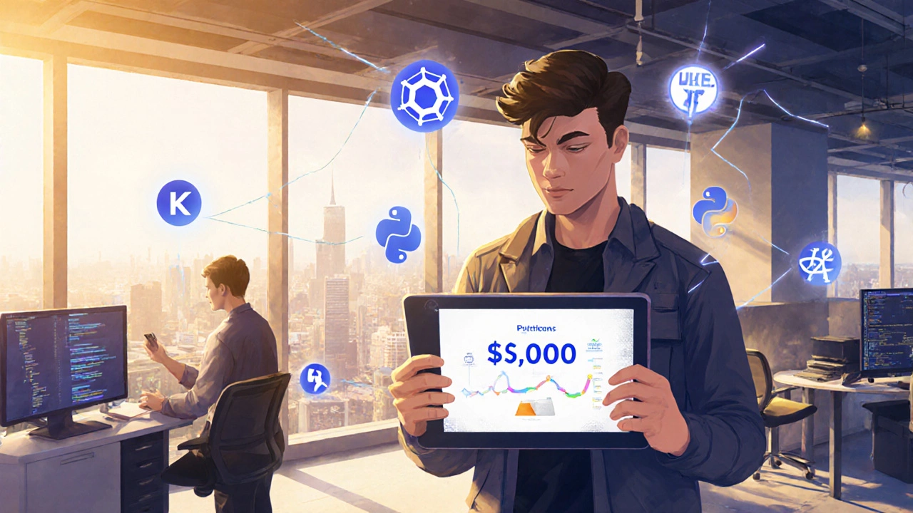 Mid-career engineer in a modern office surrounded by cloud and DevOps icons, with a salary increase displayed on a tablet.