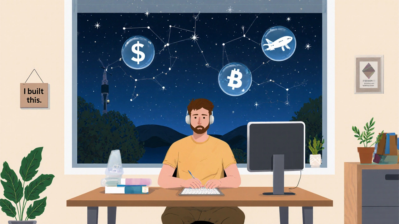 Senior developer working remotely at night, with floating symbols of equity, freedom, and travel above them in a starry home office.