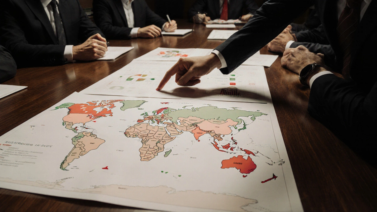 Senior executives reviewing a major acquisition deal map in a dimly lit conference room.