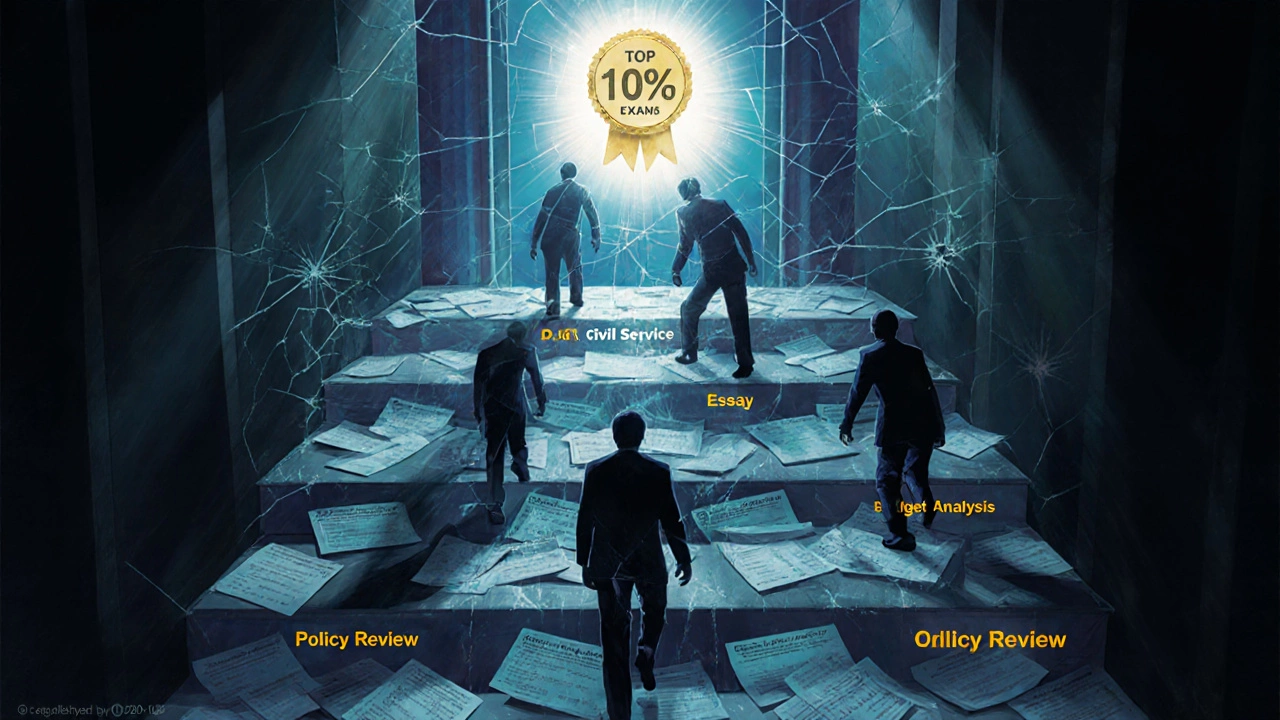 Silhouettes climbing a staircase of exam papers toward a top 10% badge in Washington D.C.