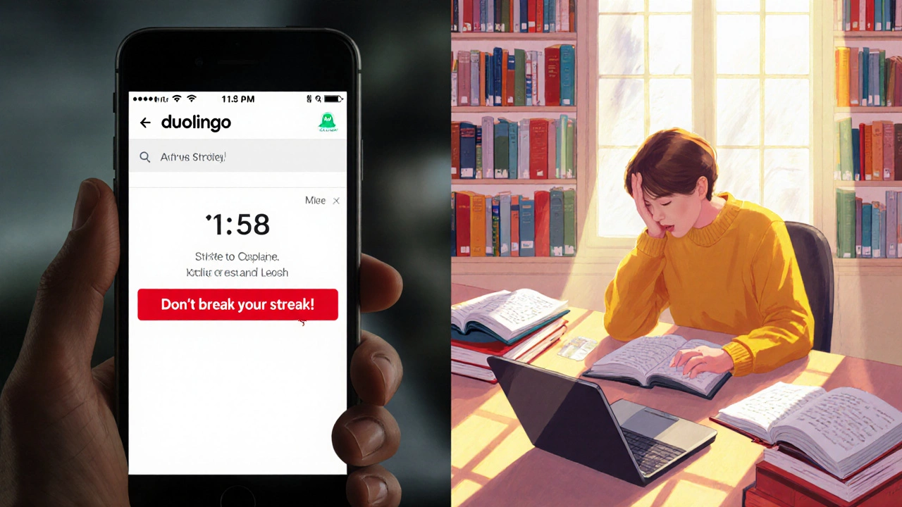 Split scene: frustrated Duolingo user vs. learner using free resources like YouTube and library apps in daylight.