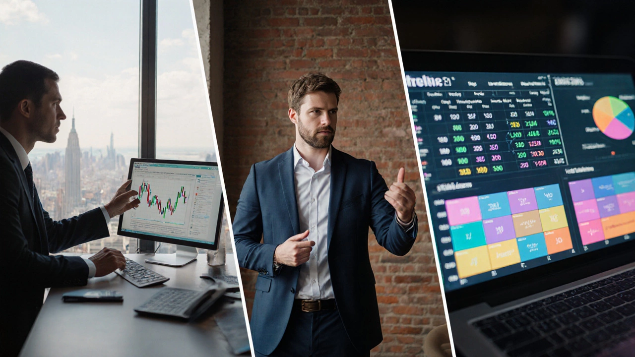 Three professionals in different career paths: finance analyst, startup entrepreneur, and healthcare manager at work.