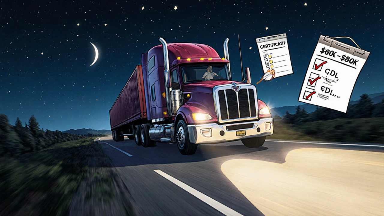 Truck driver behind the wheel of a long-haul rig under a starry night sky.