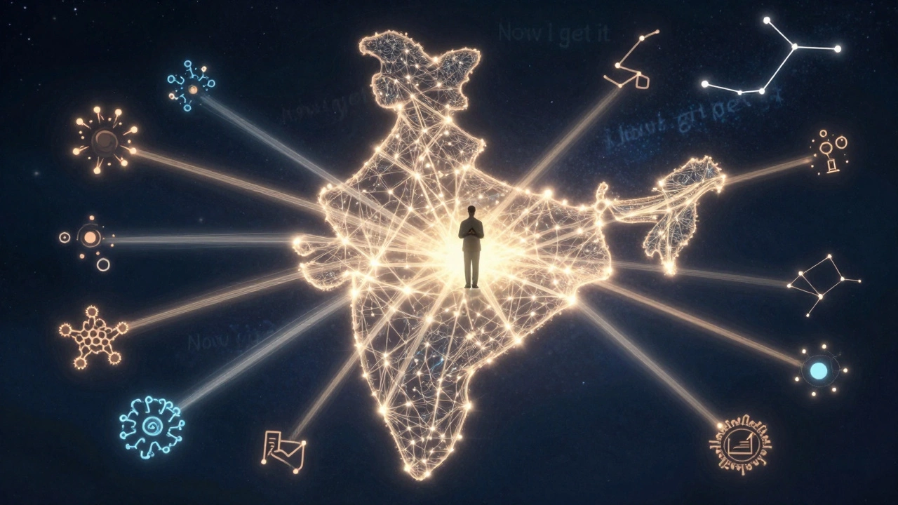 A glowing neural network map of India connected by educational light beams, symbolizing BYJU's nationwide impact.