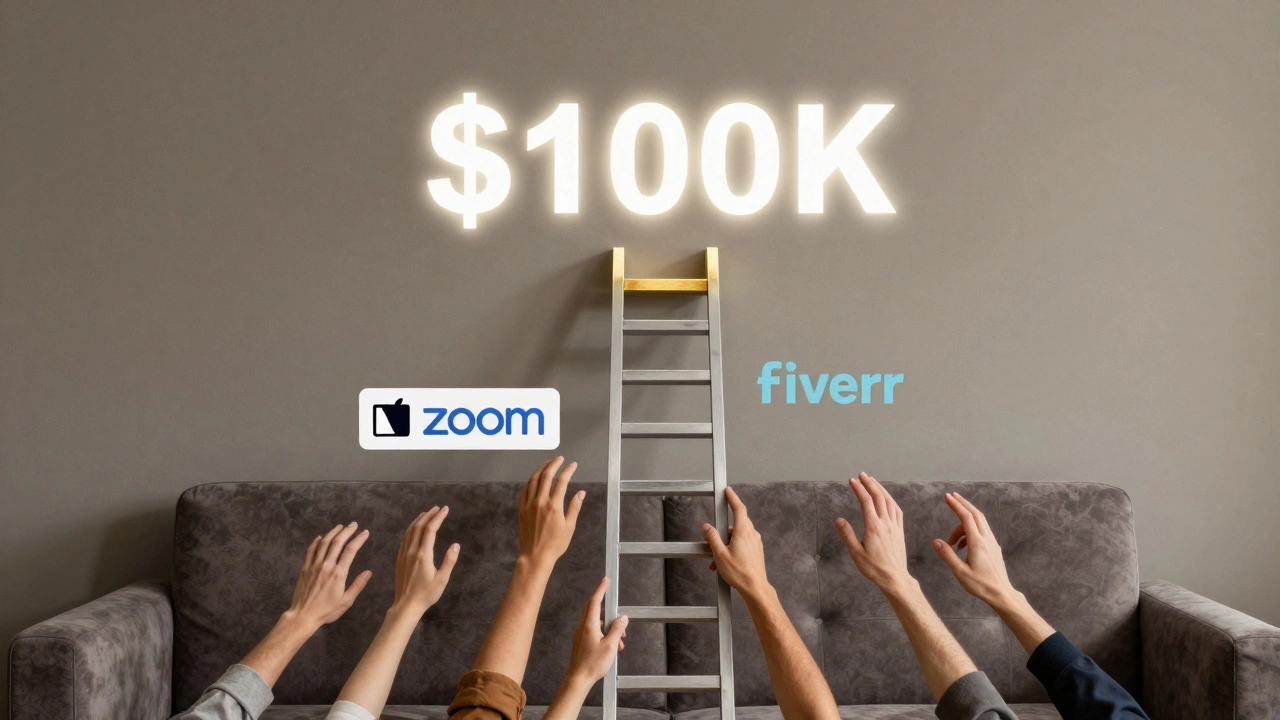 A ladder of digital tools leading upward to a 0K symbol, representing accessible high-income careers.